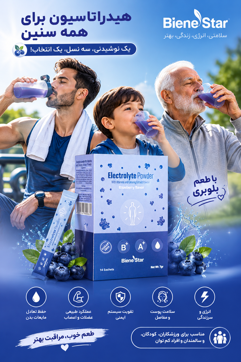 پودر نوشیدنی ورزشی الکترولیت با طعم بلوبری بی نظیر در کل ایران پرخاصیت و بدون ضرر